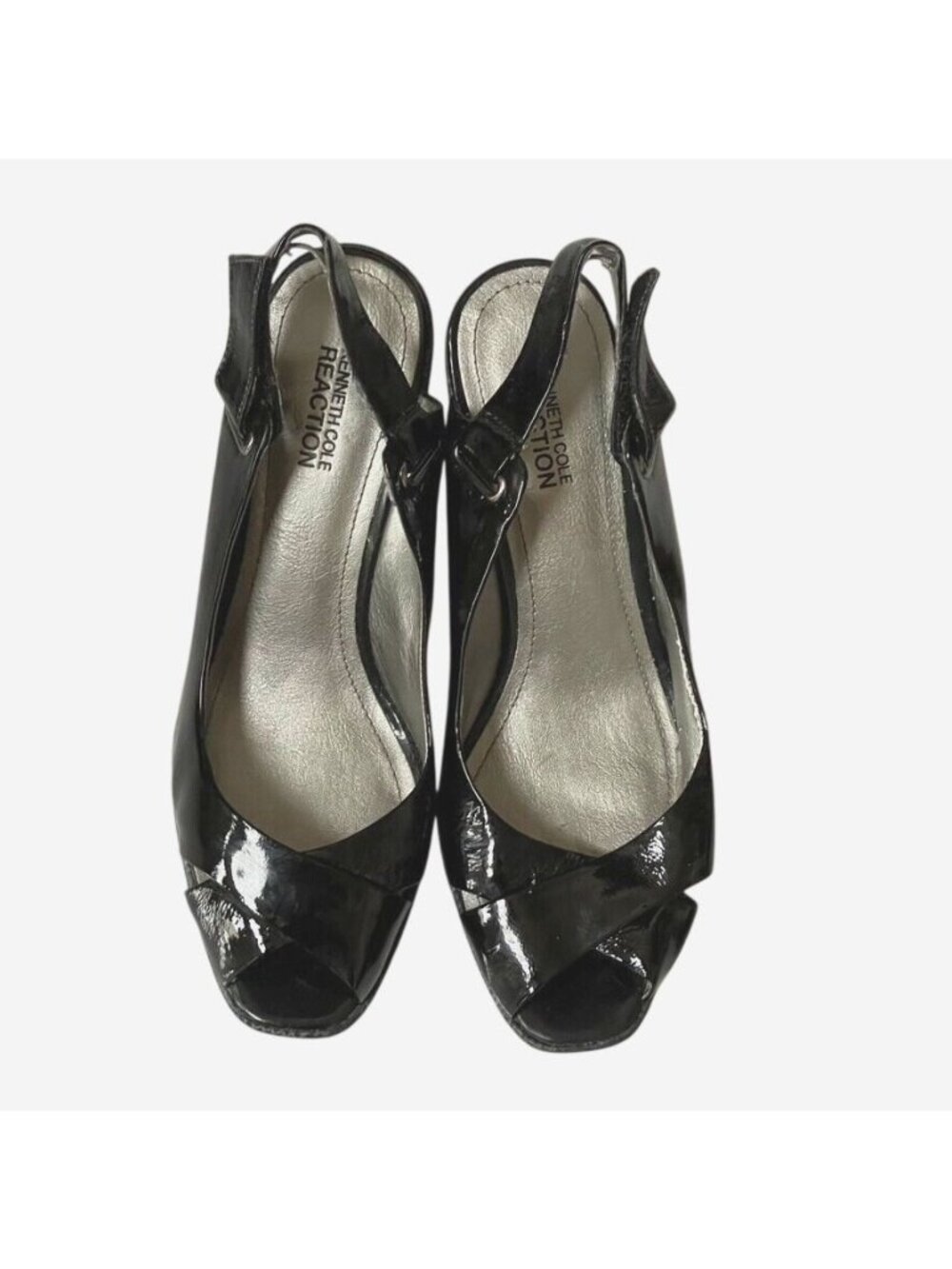 Kenneth Cole Reaction Black Patent Leather Peep Toe Slingback Wedge Heels Womens - Picture 2 of 13